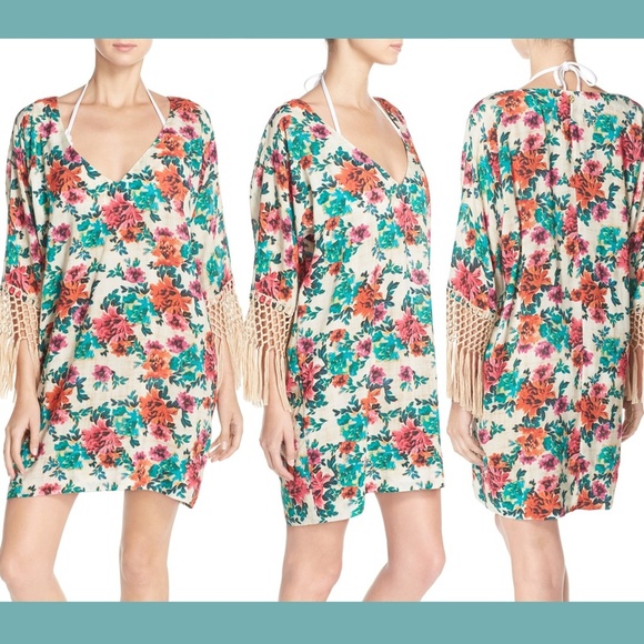 NWT ViX Fringe Trim‎ Floral Cover-Up Dress Large - Picture 1 of 7